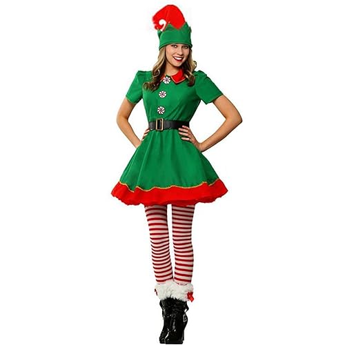 POIUIYQA Ensembles Costumes de Lutin de Noël pour Famille Ado et Enfant, Tenue Festives Vert et Rouge avec Détails Authentiques, Déguisements Parfaits pour...