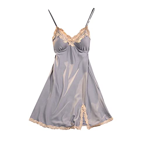 Camisón Sexy Mujer Saten Cuello en V Encaje Camisones Corto con Correas Ajustables Ropa de Casa con Aberturas y Almohadillas para el Pecho Camison Sexy Mujer Lenceria Seda