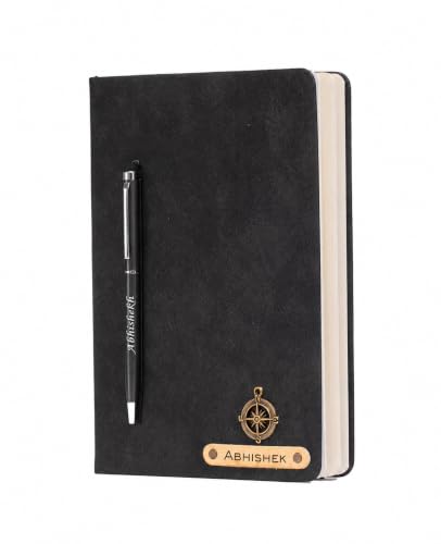 Image of AICA Personalized Name & Charm Magnetic Stick Leather (Black) Diary & Roller Pen |Customized Corporate Gift for Staff Employees |Diwali Gifts for Family and Friends|Diary for Men, Boys| Gifts For Mens