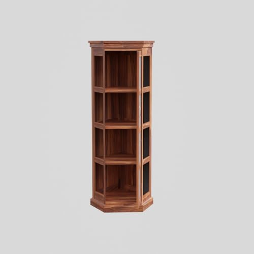 Image of Krishna Wood Decor Solid Sheesham Wood Corner Cabinet with Four Shelves | Tall Display Unit Storage with Acrylic Glass Door for Living Room & Office | Wooden Bookcase /Corner Showcase | Honey Finish