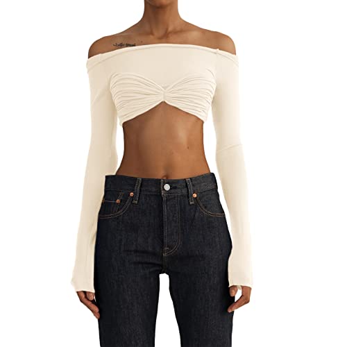 Women’s Crop Tops Y2K Off Shoulder T-Shirts Long Sleeve Sexy See Through Mesh Sheer Skinny Slim Fit Crop Tee Blouse Tops
