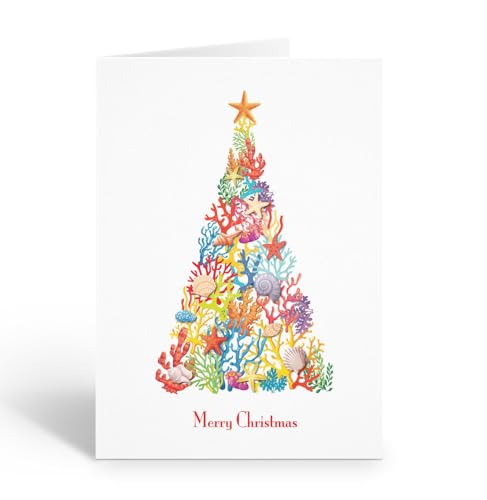 Stonehouse Collection Coral Reef Christmas Tree Card, Coastal Holiday Cards, Christmas 12-Pack with Envelopes, Blank Inside - Made in USA (Coral Tree)