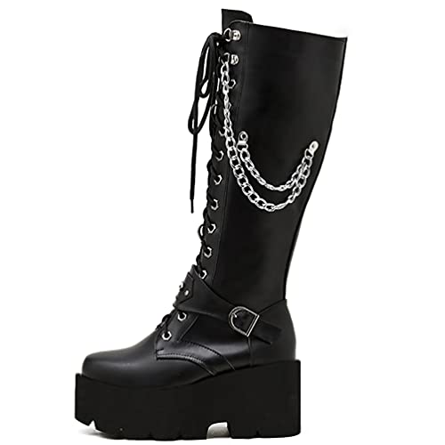 KOKOMOMO Womens Chains Goth Platform Boots Lace Up Chunky Heel Knee High Combat Military Boots2