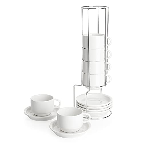 Sweese Porcelain Stackable Espresso Cups with Saucers and Metal Stand - 4 Ounce for Specialty Coffee Drinks, Single/Double Espresso - Set of 6, White