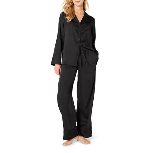 Amazon Essentials Women's Satin Pyjama Shirt and Bottoms Set, Black, L