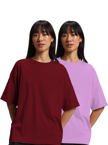 Image of JUNEBERRY Pure Cotton Drop Shoulder Oversized Baggy Fit Half Sleeve Plain Solid Round Neck Multicolor T-Shirt for Women & Girls (Pack of 2) (Sizes S-2XL)
