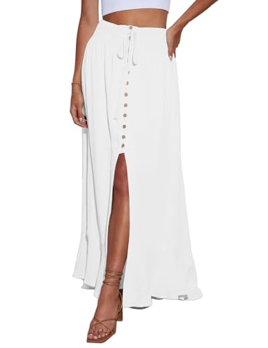 Image of Minclouse Women's Elastic Tie Waist Button Down Maxi Skirts Casual Loose Flowy Swing Slit Front Dress