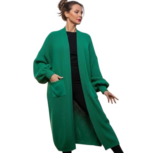 Image of LUXFAB Women's Oversized Balloon Sleeve Long Chunky Ribbed Open Knitted Maxi Jumper, 2 Pocket Cardigan Boyfriend Sweater Top UK Sizes 8-22 (UK, Numeric, 12, 14, Regular, Regular, Jade Green)