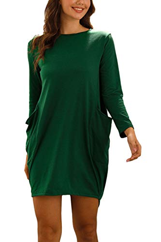 Meenew Womens Solid Boatneck Long Sleeve Sweater Dress Loose Casual Mini Dresses with Pockets Green Small