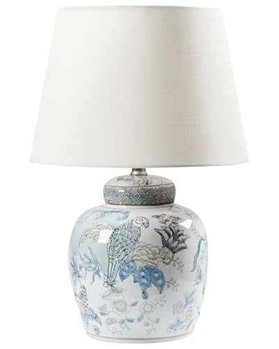 Beliani Lampe à Poser Base en Porcelaine avec Motif Abat-Jour en Lin en Forme de Tambour Bleu et Blanc Jamapa