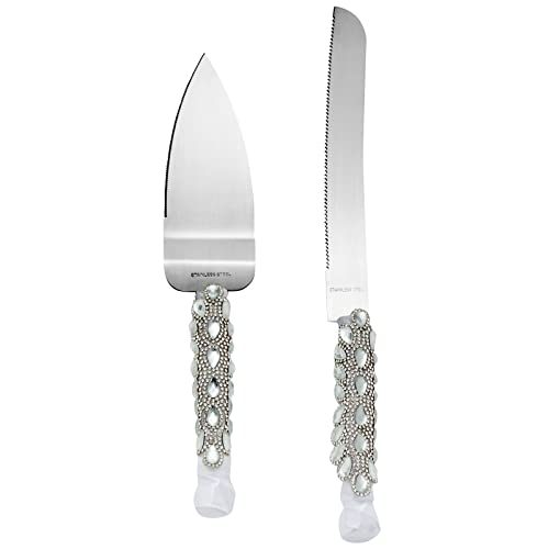 Juvale Silver Cake Cutting Set For Wedding With Knife And Server, Crystals, Ribbon And Faux Diamonds (Stainless Steel) #TOP4