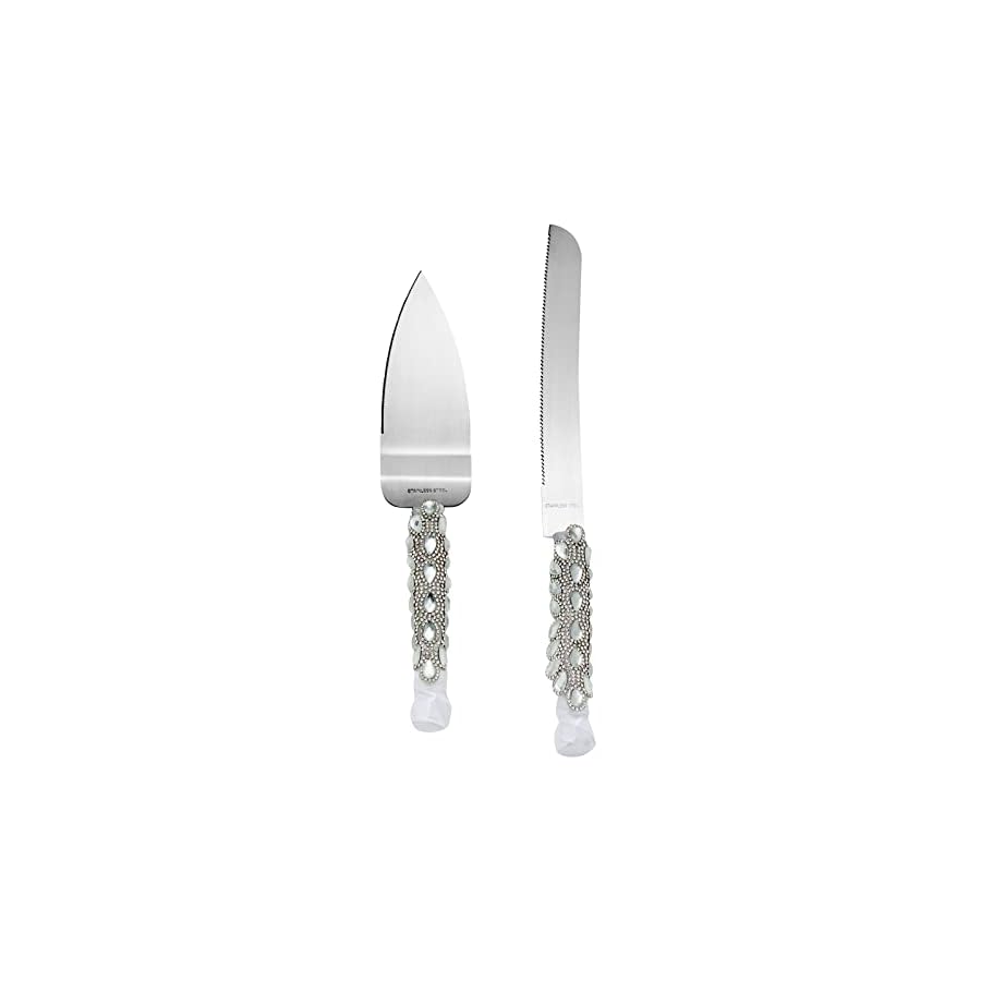 Juvale Stainless Steel Wedding Cake Knife and Server Set for Cake Cutting Ceremony, Embellished with Faux Crystals, Diamonds, Ribbon