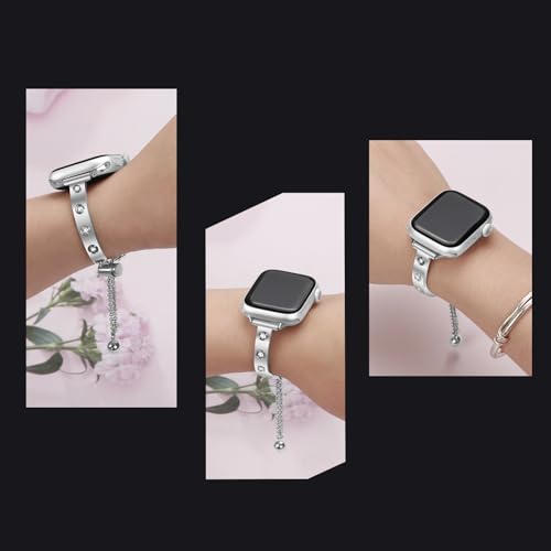 Stainless Steel Band Compatible with Apple Watch 38mm 40mm 41mm 42mm 44mm 45mm 46mm 49mm Pretty Luxury Strap with Sparkle Diamond, Dressy iWatch Bracelet, Bling Thin Band for Women