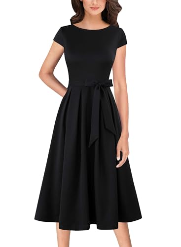 VFSHOW Womens Elegant Patchwork Pockets Belted Pleated Work Office Business Casual Party A-Line Midi Dress