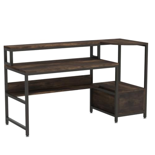 Tribesigns Computer Desk with Hutch and Storage Shelves, 63” Industrial Home Office Desk with Monitor Stand File Drawer Writing Table Workstation for Home Office (Rustic Brown)