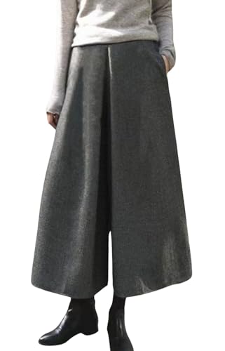 chouyatou Women's Winter Elastic High Waisted Wool Blend Wide Leg Pants Cropped Palazzo Trousers Culottes