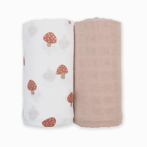 Image of Lulujo Baby Swaddle Blankets | Unisex Softest Breathable Cotton Muslin Swaddle Blanket Set | Neutral Receiving Blanket for Girls & Boys | 40in x 40in | Mushroom & Sand | 2-Count