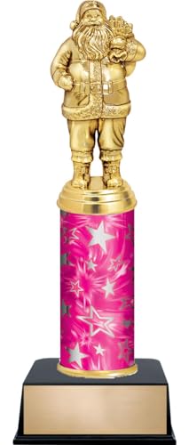 11" Christmas Santa Claus Custom Engraved Pink and Silver Star Column Trophy Awards