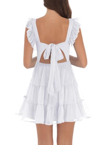Image of Women's Summer Square Neck Tie Back Ruffle Sleeve Tiered Casual A-Line Short Mini Dress