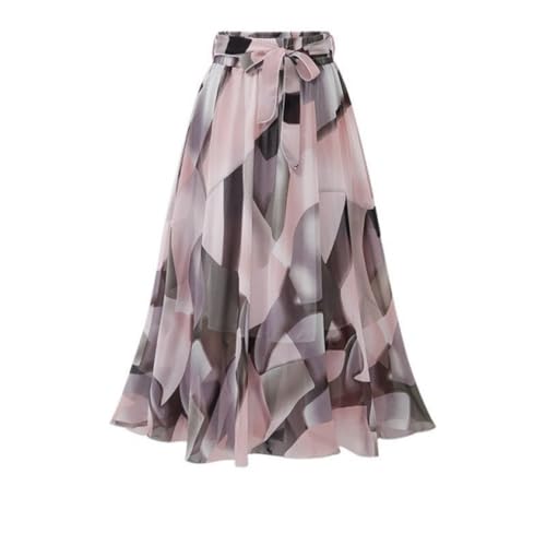 Skirt for Women Summer Print Floral Casual Loose Elastic Waist Plus Size Belt A line Chiffon Beach Ladies Pink