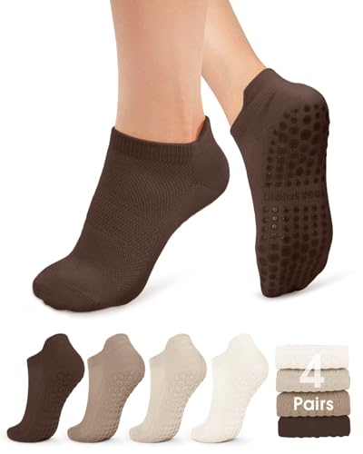 Image of yeuG Pilates Socks for Women Non Slip Grip Socks for Yoga, Barre, Hospital, Barefoot Grippy Yoga Sock Womens Gifts 4 Pairs