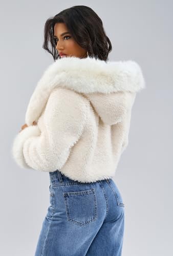 Women's Fluffy Cropped Faux Fur Hooded Jacket Coats,Shaggy Mini Short Crop Cardigan Outwear Parka Tops4