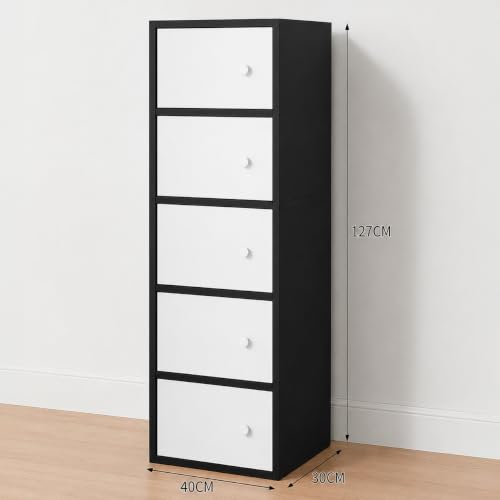 Image of 5-Door Morden Wooden Collapsible Wardrobe for Storage /Space Saving Wooden Wardrobe with Doors /Collpsible Storage Organiser /Living Room -Mapple (Black, 5 Layer)