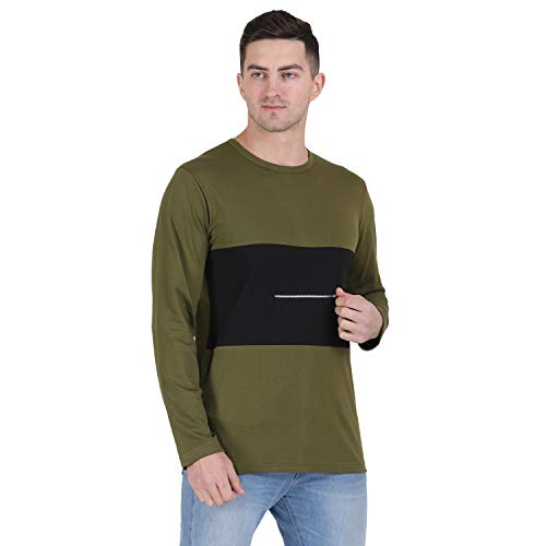 Image of Men Olive Green Black with Zip Detail Color Block Round Neck Cotton Full Sleeve T-Shirt