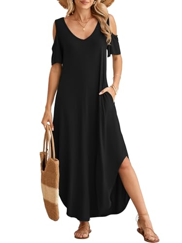 BELAROI Plus Size Maxi Dress for Curvy Women Summer Casual Cold Shoulder V Neck Pockets Beach Coverup Vacation Loose Sundress