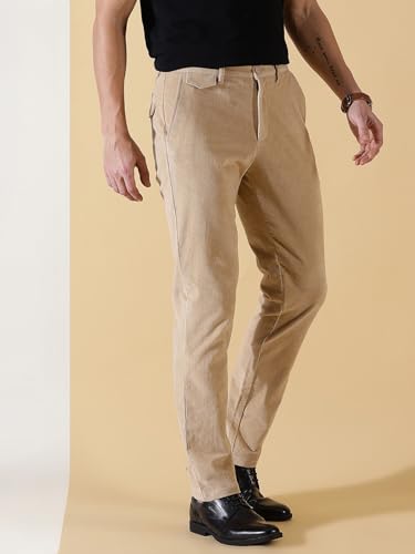 Image of Thomas Scott Men Beige Smart Slim Fit Easy Wash Corduroy Cotton Chinos (Size: 40)