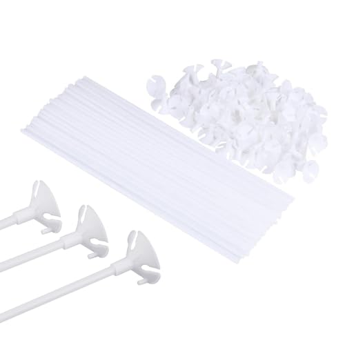 100pcs 11in White Balloon Sticks, Plastic Balloon Sticks with Cups for Birthday Party, Wedding, Anniversary Decorations