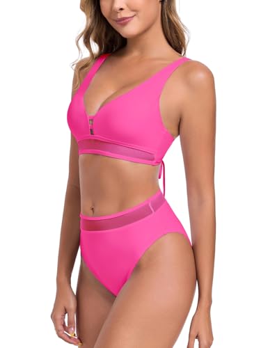 Women's Deep V Neck Cutout Front Mesh Splicing Bikini Sets High Cut High Waisted Bottom Two Piece Swimsuit for Women3