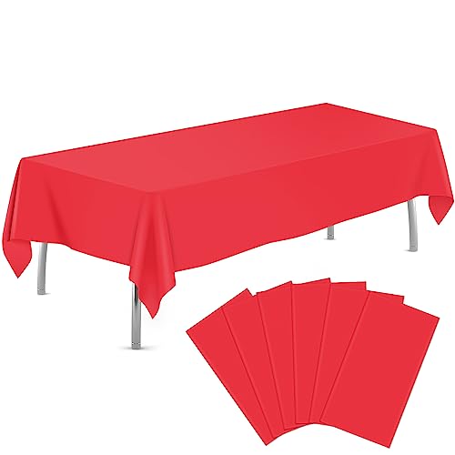Image of tujol Red 6 Pack Plastic Table Cloth 54 inch x 108 inch, Disposable Tablecloths Rectangle Table Cover, Plastic Tablecloths for Parties