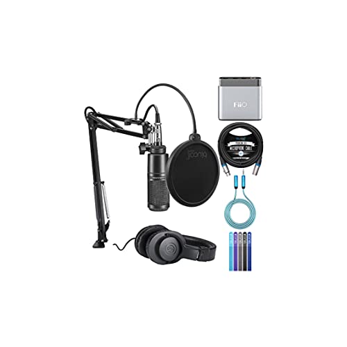 Audio Technica AT2020PK Vocal Microphone Pack for Streaming/Podcasting Bundle with FiiO A1 Silver Portable Headphone Amp, Blucoil 10' XLR Cable, Pop Filter, 6' 3.5mm Extension Cable and 5X Cable Ties