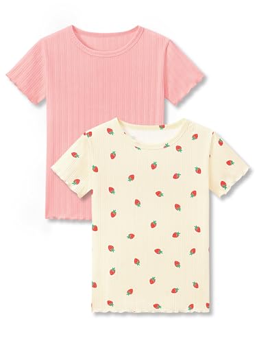 2 Pack Girls Lettuce Trim Tee Shirts - Light Blue Ditsy Floral & Pink Pointelle Knit Blouse Tops Size 6-16