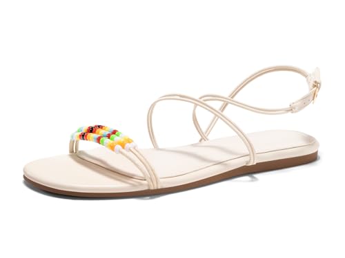 Coutgo Womens Strappy Flat Sandals Open Toe Lace Up Beaded Gladiator Flats Ankle Strap Summer Beach Shoes, Beige, Size 10 — view 4