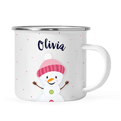 Personalized Kids Christmas Hot Cocoa Mug, Cute Pink Snowman