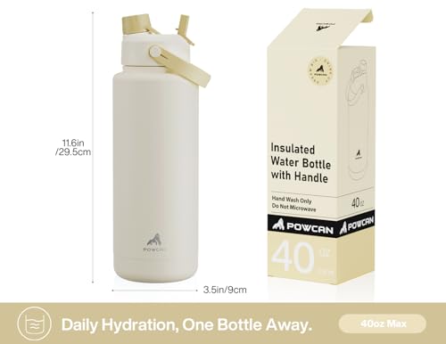 Image of POWCAN 40 oz Insulated Water Bottle with 2-in-1 Straw and Spout Lid, Keep Cold 24H, Leak-Proof, BPA-Free, Double Wall Stainless Steel Water Bottle for Sports, Gym, Travel, and School (Oat)