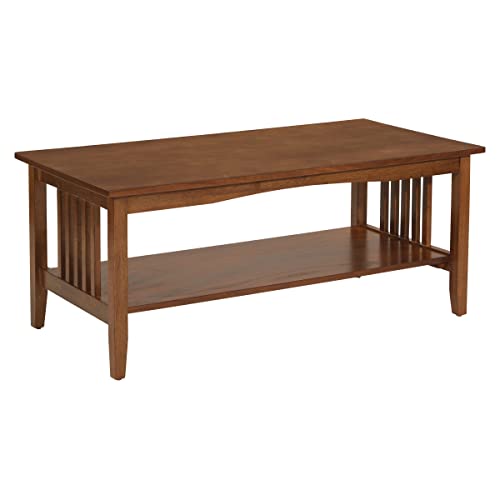 OSP Home Furnishings Sierra Coffee Table with Lower Storage Shelf and Mission Style Side Panels, Brown Ash