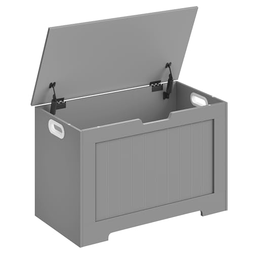 VASAGLE Schuhbank, Sitzbank mit Stauraum, Sitztruhe, 2 Sicherheitsscharniere, Aufbewahrungsschrank, Landhausstil, 40 x 76 x 48 cm, für Flur, Schlafzimmer, Wohnzimmer, Taubengrau LHS011G01