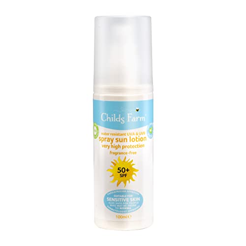Childs Farm Kids and Baby Sonnenmilch Spray LSF 50plus Wasserabweisend UVA und UVB Sehr hoher Schutz Geeignet für trockene, empfindliche und zu Ekzemen neigende Haut 100ml