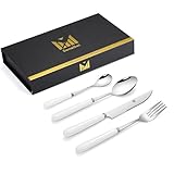 SensiSel 16 Piece Cramic Handles Cutlery Sets, White Handle Knife Fork Spoon Set, Stainless Steel Flatware Set Service for 4 Dishwasher Safe, 4 Person Dinner Set Gift Boxed (White Silver) - Image 3