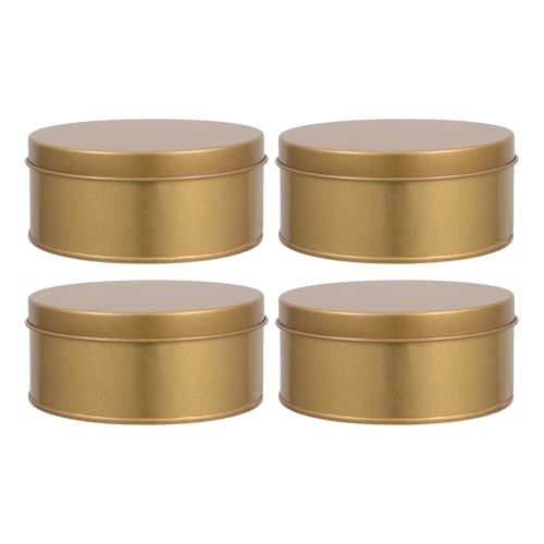 LOGOFUN 4PCS Round Tin Boxes Metal Candy Cans Large Tinplate Cases with Lids for Wedding Home Kitchen Favor Cookie Supplies - Golden