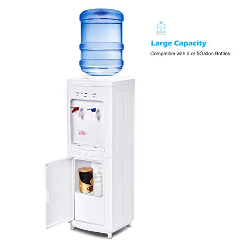 Costway Water Cooler Dispenser For 3-5 Gallon Bottle, Top Loading Hot And Cold Water Dispenser With Storage Cabinet, Child Lock, Water Cooler With Compression Refrigeration Technology, White #TOP1