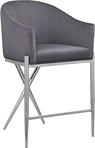 Meridian Furniture 866Grey-C Xavier Collection Velvet Upholstered Counter Stool With Sturdy Chrome Metal Legs, Grey, 23.5" W X 22.5" D X 38" H #TOP17
