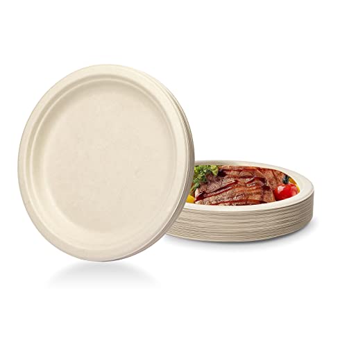 TRADENCT Lot 50 assiettes en papier 100 % super rigides naturelles, biodégradables, jetables et respectueuses l'environnement, très résistantes parfaites les pique-niques et les barbecues (15,2 cm)