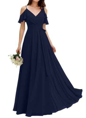 Robe demoiselle d'honneur mousseline longue soirée chic fente bleu marine 36