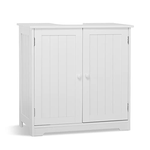 Mondeer Szafka pod umywalkę, drewniana szafka łazienkowa z drzwiami, 2 półki, oszczędność miejsca, wolnostojąca, 60 x 30 x 60 cm, do łazienki, biała