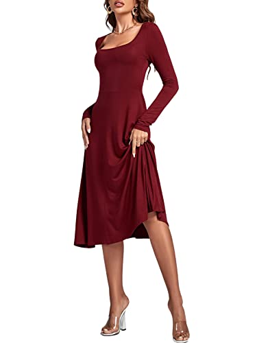 Lyaner Women's Square Neck Long Sleeve Empire Waist A Line Flare Solid Midi Dress Wine Red Medium #TOP3