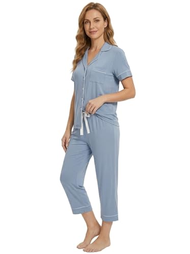 Image of Joyaria Bamboo Viscose Cooling Pajamas for Women Capri Button Front Pjs Set | Ideal for Night Sweats, Hot Sleeper Friendly, Breathable & Moisture Wicking, Short Sleeve Top